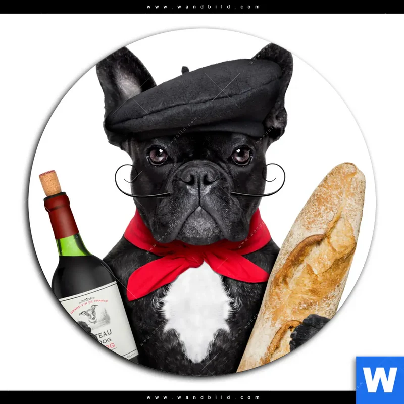 Acrylglasbild | Französischer Bulldoggen-Charme mit Baguette & Wein | Rund