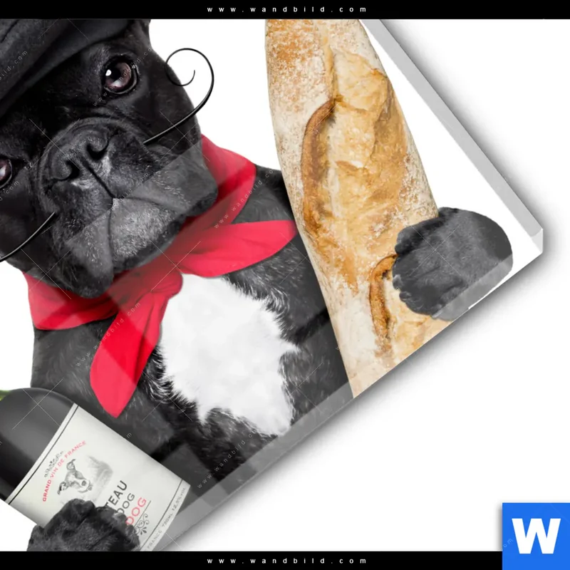 Acrylglasbild | Französischer Bulldoggen-Charme mit Baguette & Wein | Rund