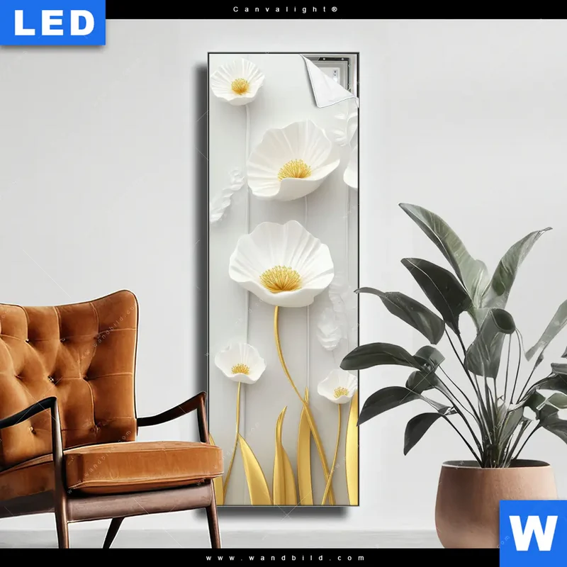 Canvalight® Leuchtbild | Florale Leichtigkeit mit Goldglanz | Schmal