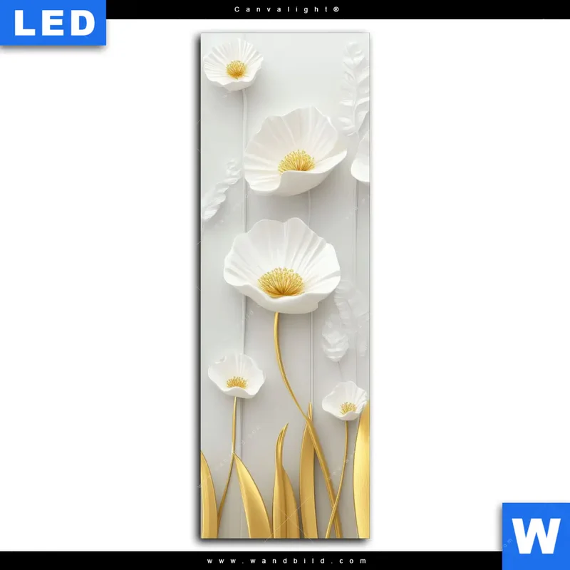 Canvalight® Leuchtbild | Florale Leichtigkeit mit Goldglanz | Schmal