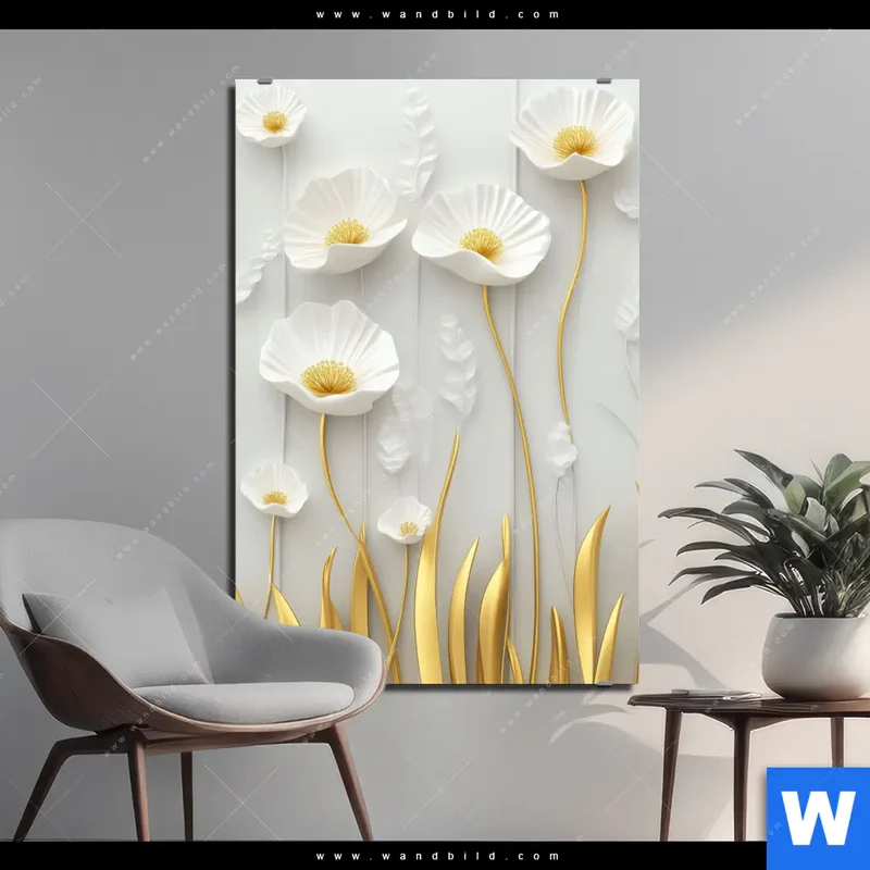 Aluminiumbild gebürstet | Florale Leichtigkeit mit Goldglanz | Hochformat