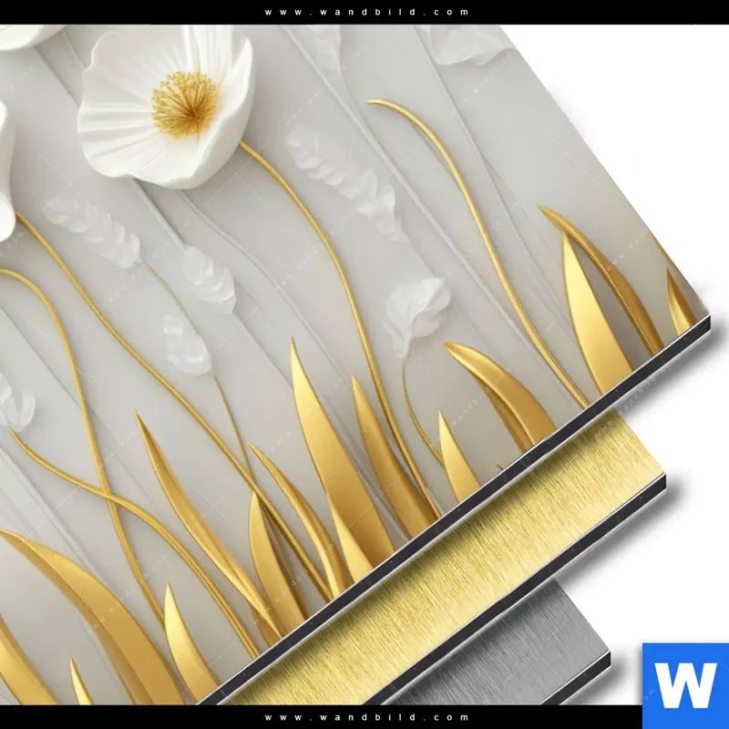 Aluminiumbild gebürstet | Florale Leichtigkeit mit Goldglanz | Querformat