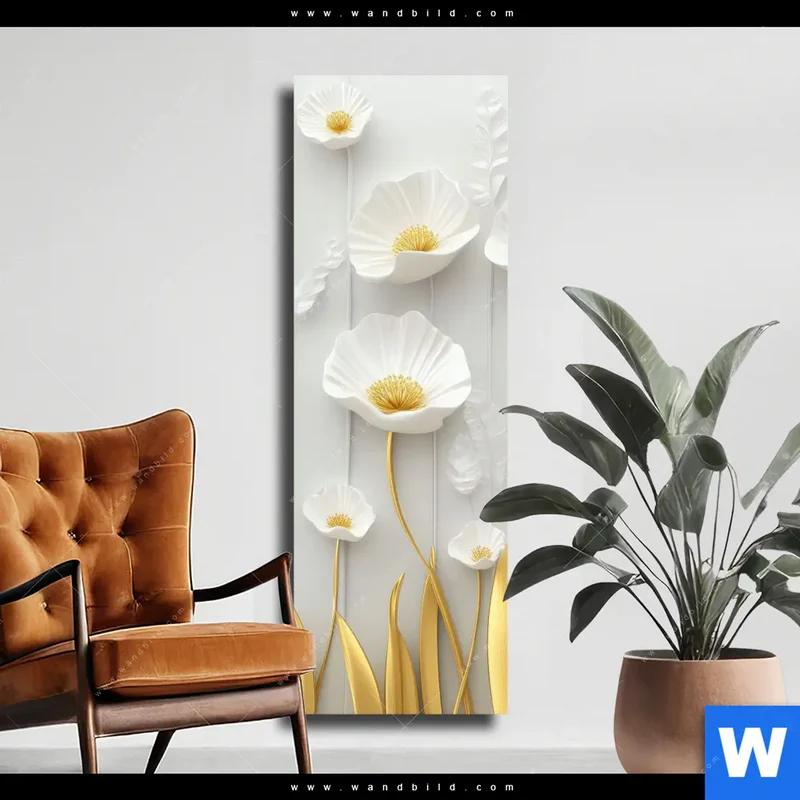 Leinwandbild | Florale Leichtigkeit mit Goldglanz | Schmal