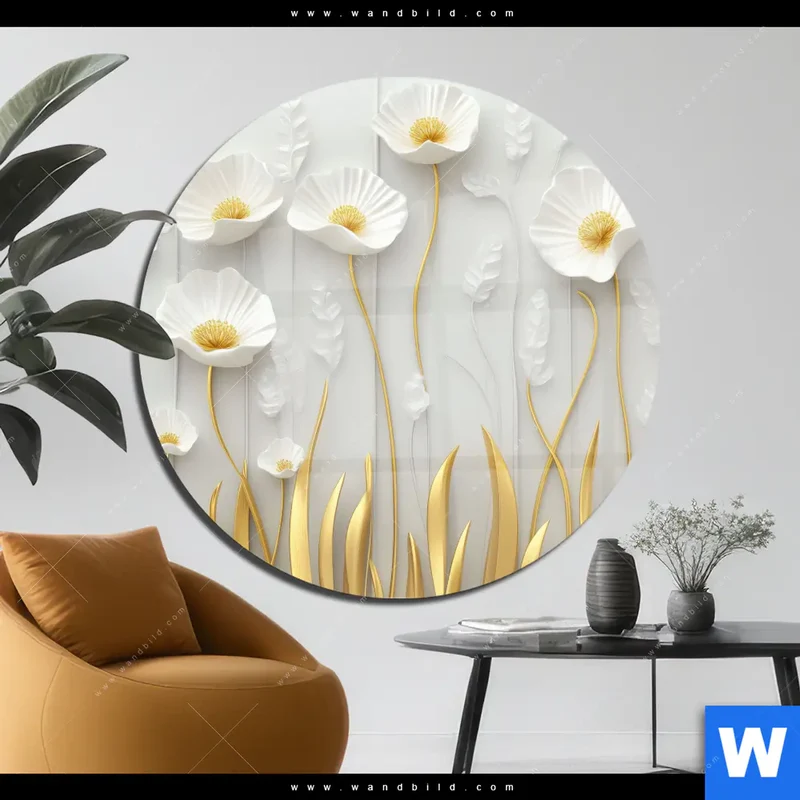 Acrylglasbild | Florale Leichtigkeit mit Goldglanz | Rund