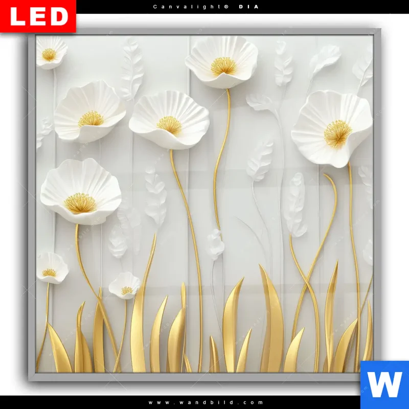 Leuchtbild Acrylglas Canvalight® DIA | Florale Leichtigkeit mit Goldglanz | Quadrat