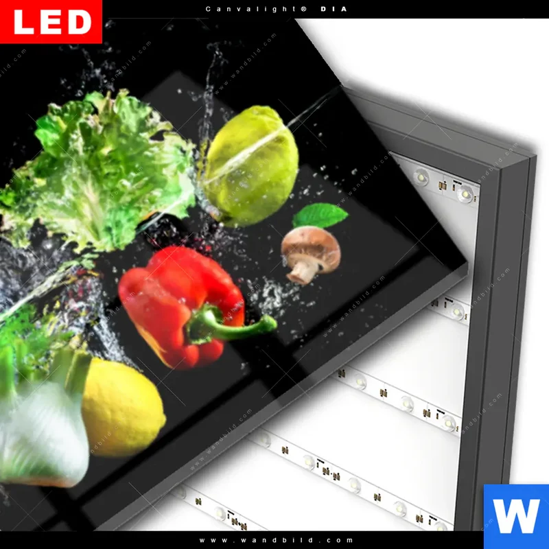 Wechselmotiv Acrylglas Canvalight® DIA | Obst & Gemüse - Splash-Moment | Panorama