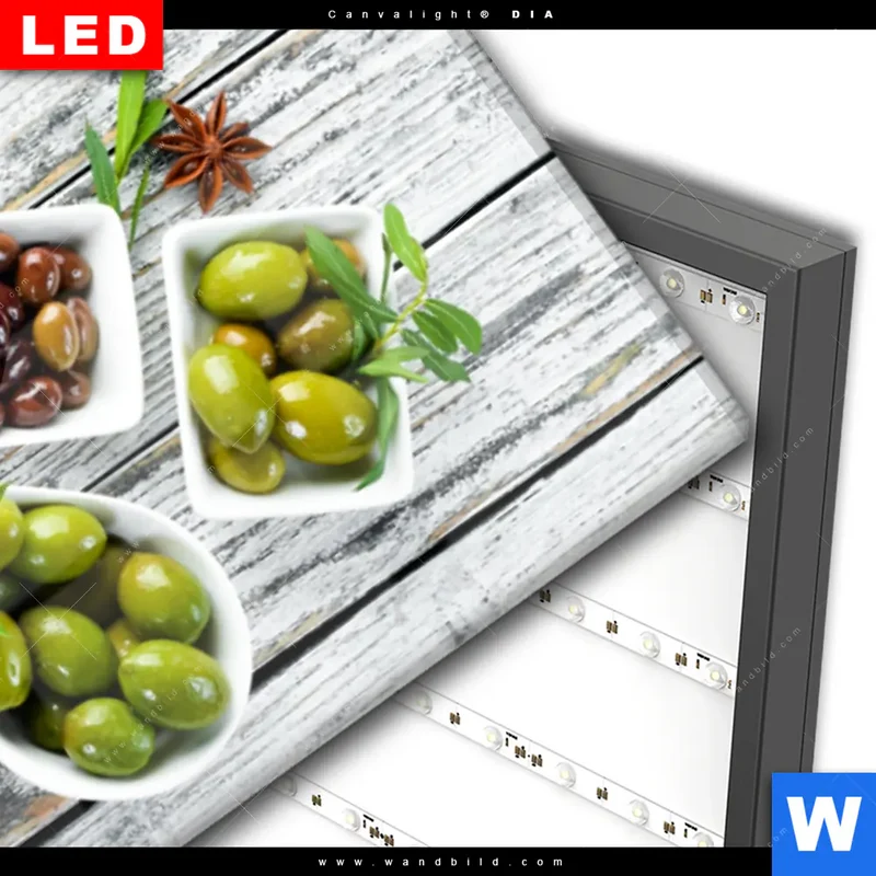Wechselmotiv Acrylglas Canvalight® DIA | Mediterrane Olivenvielfalt | Panorama