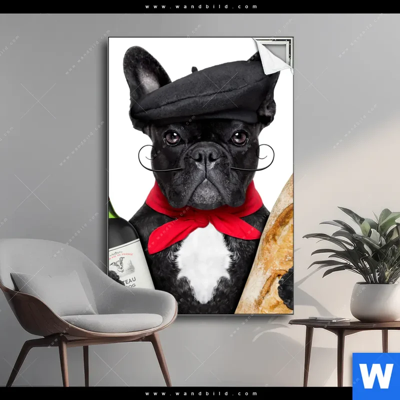 Spannbild | Französischer Bulldoggen-Charme mit Baguette & Wein | Hochformat
