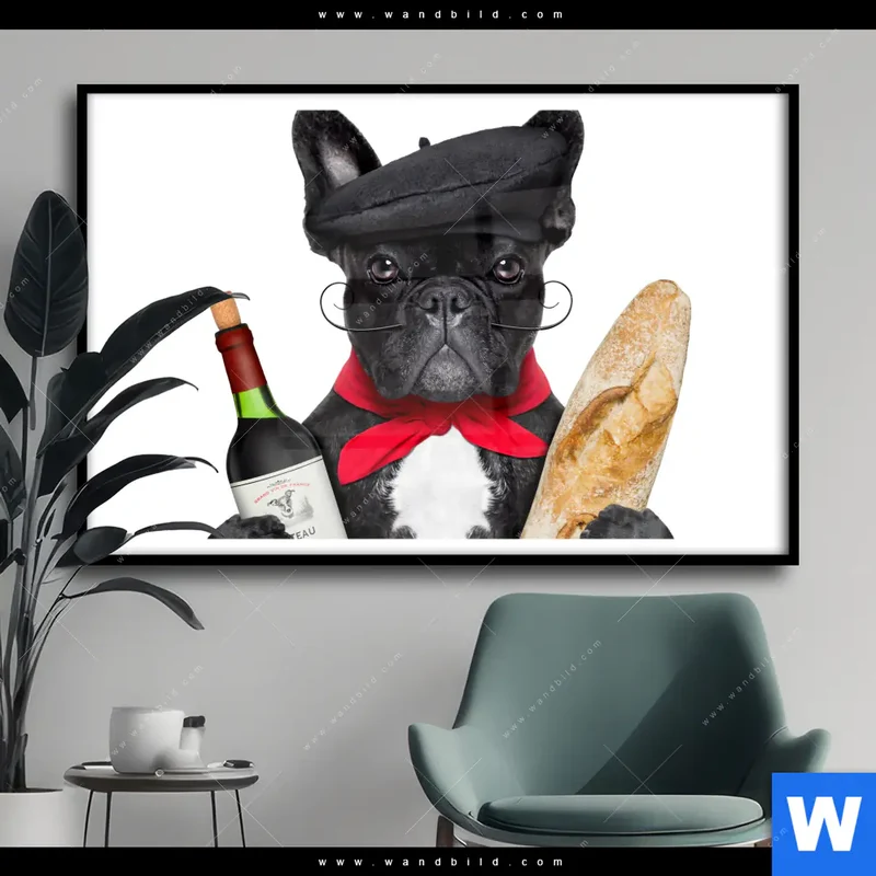 Poster | Französischer Bulldoggen-Charme mit Baguette & Wein | Querformat
