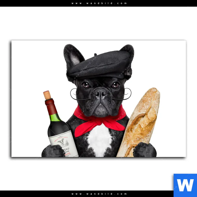 Alu-Dibond Bild | Französischer Bulldoggen-Charme mit Baguette & Wein | Querformat