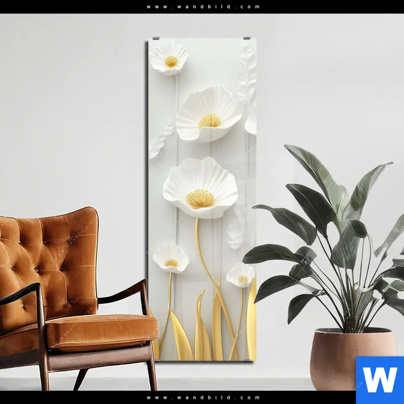 Acrylglasbild | Florale Leichtigkeit mit Goldglanz | Schmal