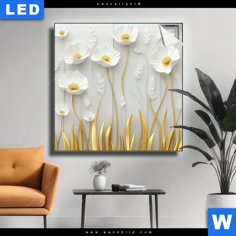 Canvalight® Leuchtbild | Florale Leichtigkeit mit Goldglanz | Quadrat