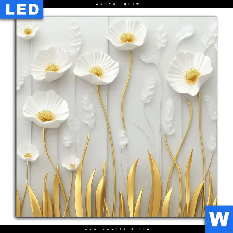 Canvalight® Leuchtbild | Florale Leichtigkeit mit Goldglanz | Quadrat