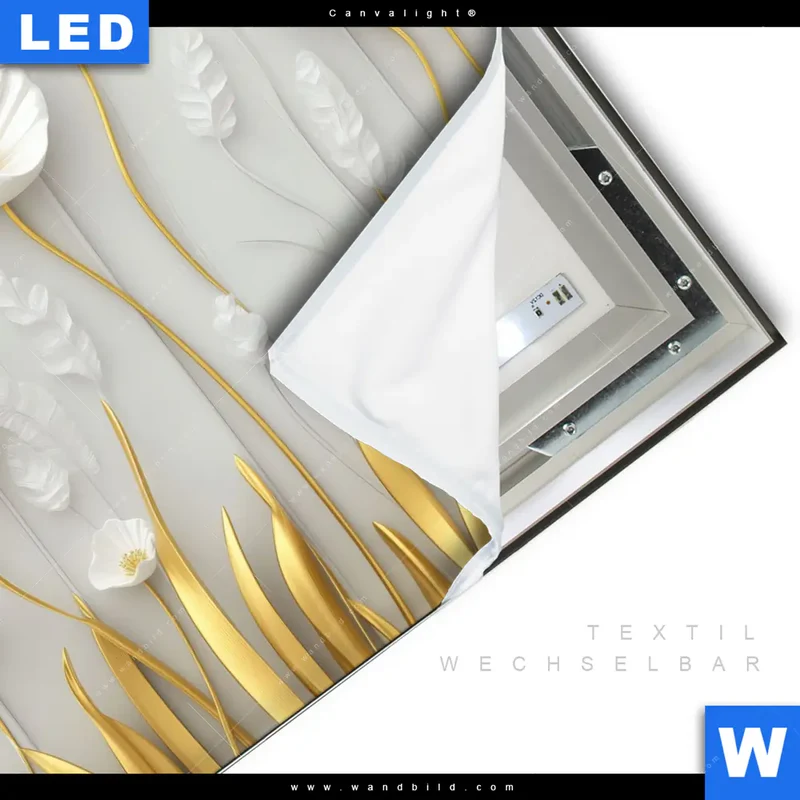 Canvalight® Leuchtbild | Florale Leichtigkeit mit Goldglanz | Quadrat