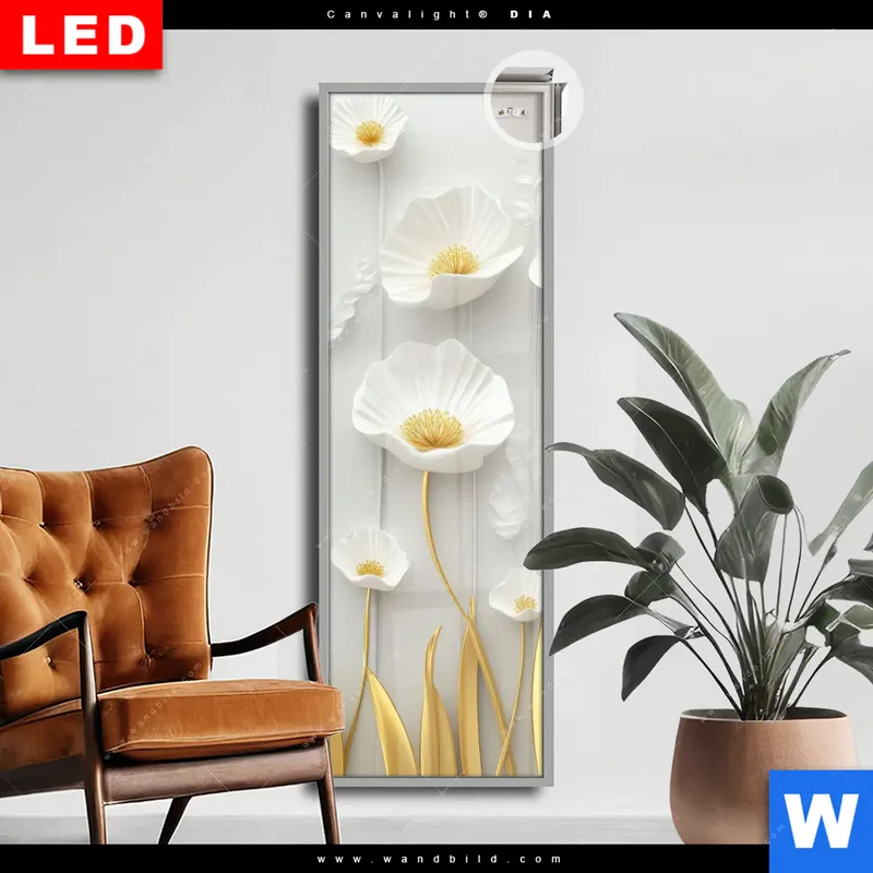 Leuchtbild Acrylglas Canvalight® DIA | Florale Leichtigkeit mit Goldglanz | Schmal
