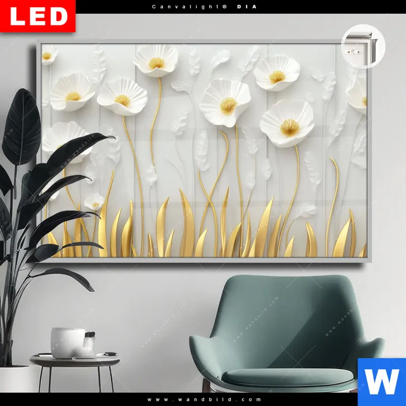 Leuchtbild Acrylglas Canvalight® DIA | Florale Leichtigkeit mit Goldglanz | Querformat