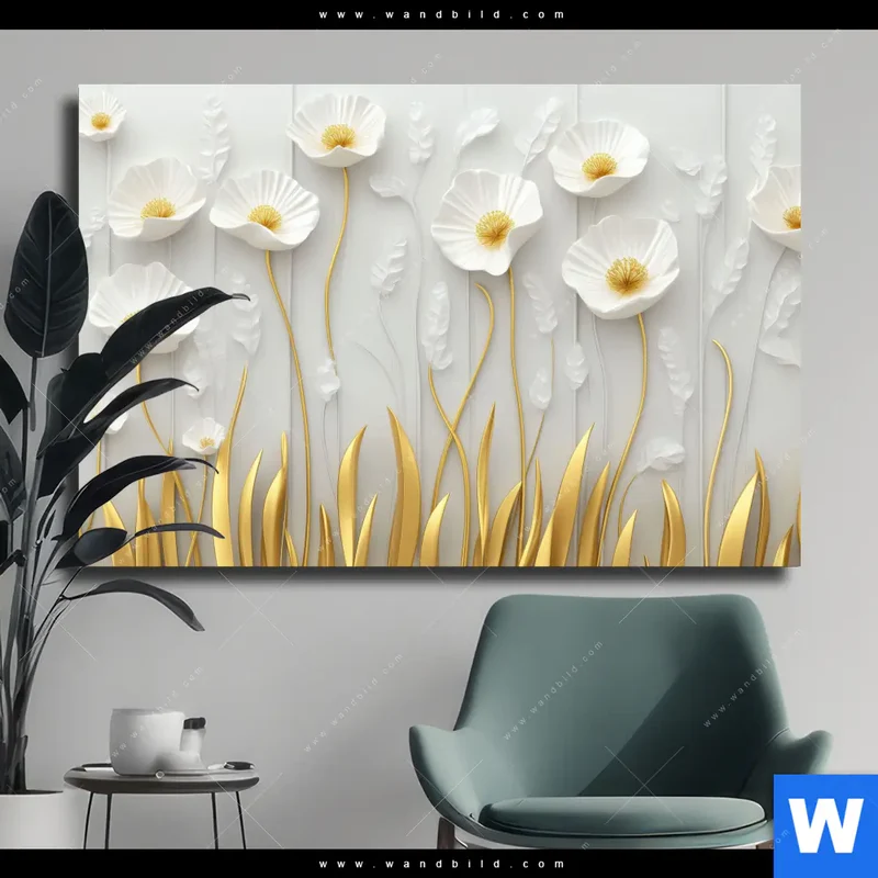 Leinwandbild | Florale Leichtigkeit mit Goldglanz | Querformat