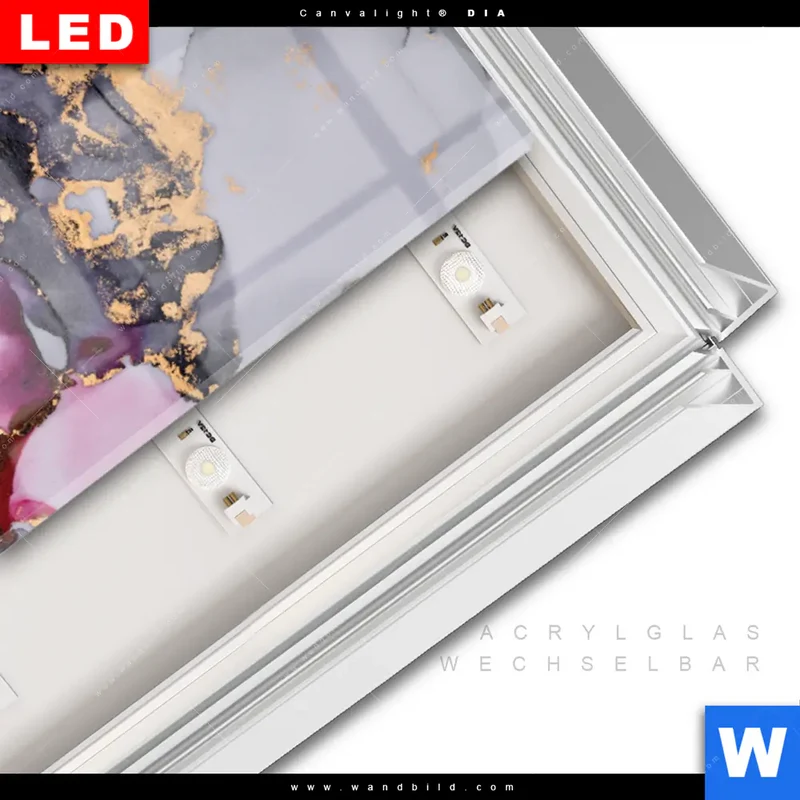 Leuchtbild Acrylglas Canvalight® DIA | Farbfluss in Purpur und Gold | Schmal