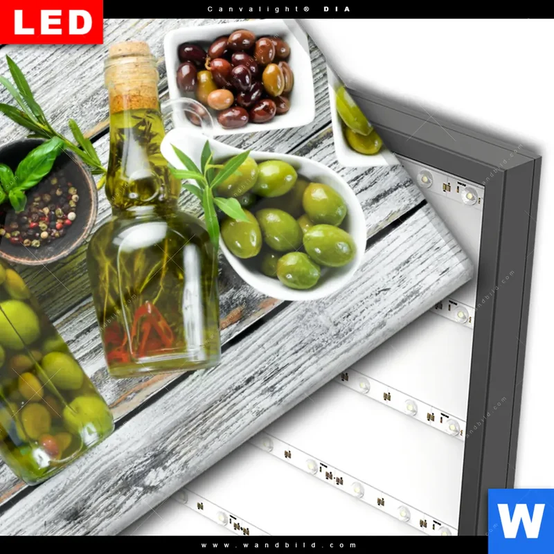 Wechselmotiv Acrylglas Canvalight® DIA | Mediterrane Olivenvielfalt | Querformat