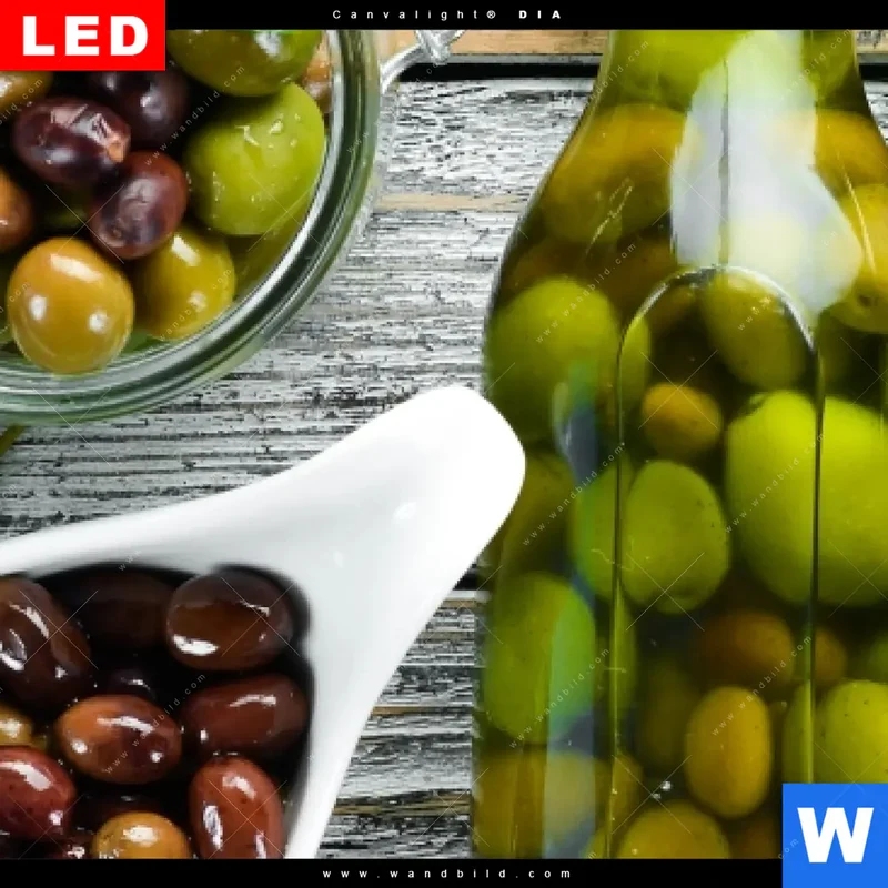 Wechselmotiv Acrylglas Canvalight® DIA | Mediterrane Olivenvielfalt | Querformat