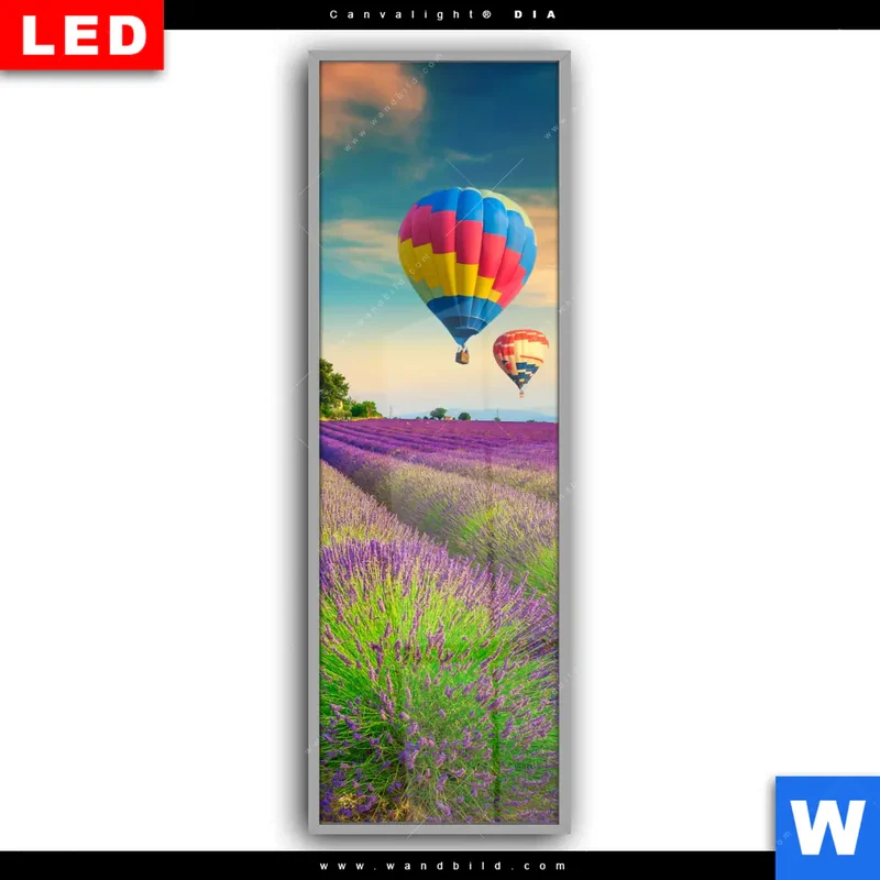 Leuchtbild Acrylglas Canvalight® DIA | Heißluftballons über violetten Feldern | Schmal