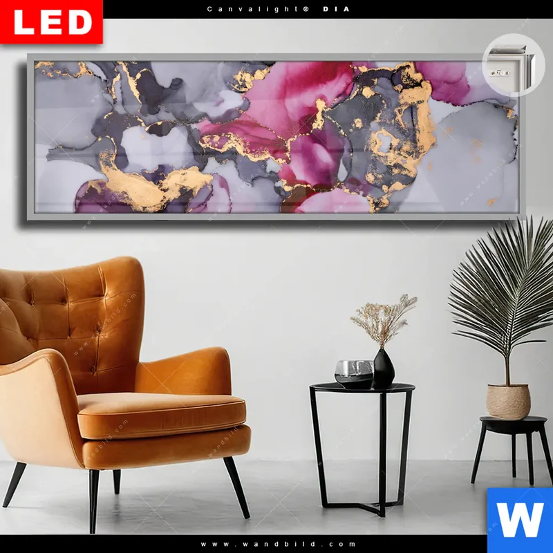 Leuchtbild Acrylglas Canvalight® DIA | Farbfluss in Purpur und Gold | Panorama