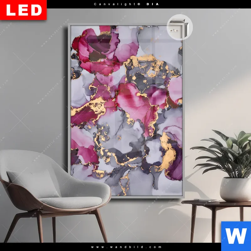 Leuchtbild Acrylglas Canvalight® DIA | Farbfluss in Purpur und Gold | Hochformat