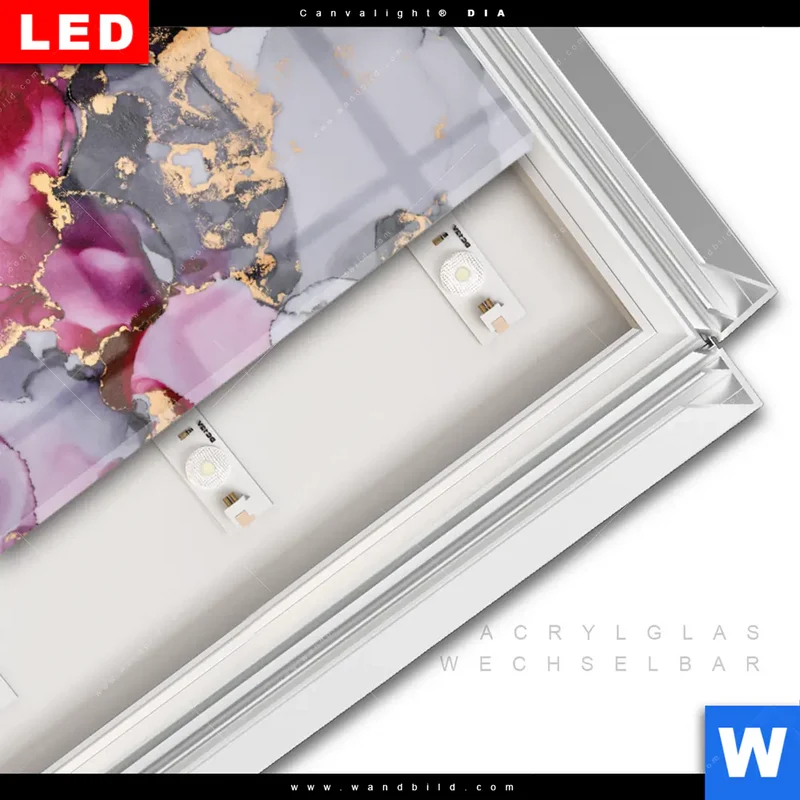 Leuchtbild Acrylglas Canvalight® DIA | Farbfluss in Purpur und Gold | Hochformat