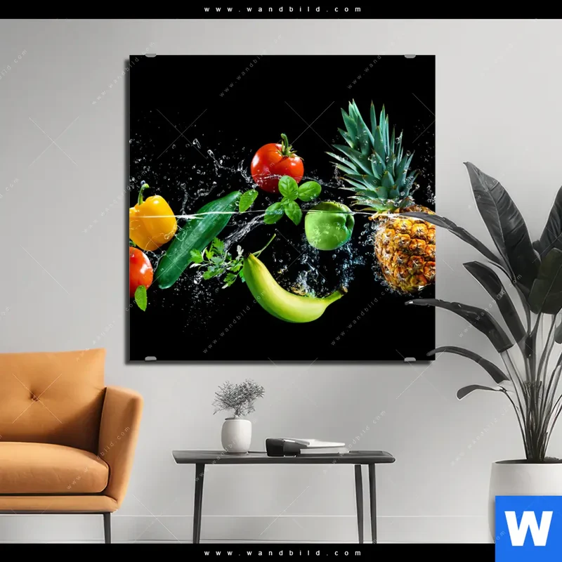 Aluminiumbild gebürstet | Obst & Gemüse - Splash-Moment | Quadrat