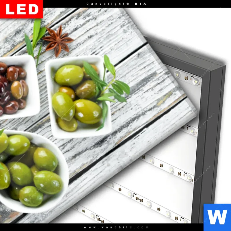 Wechselmotiv Acrylglas Canvalight® DIA | Mediterrane Olivenvielfalt | Schmal