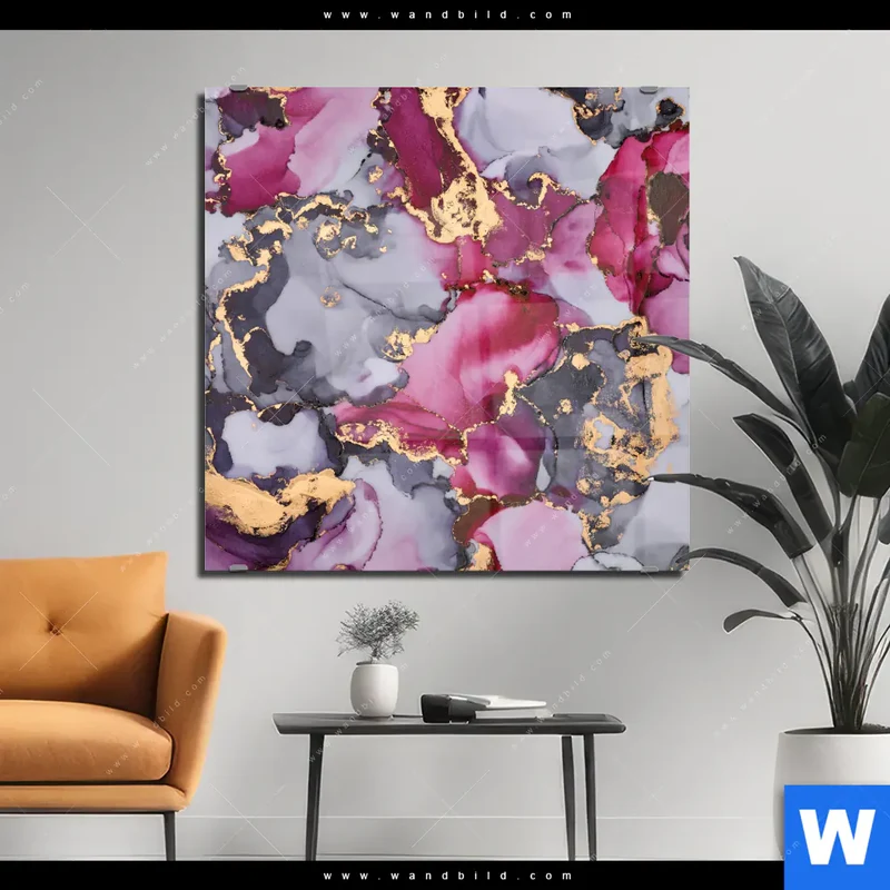 Acrylglasbild | Farbfluss in Purpur und Gold | Quadrat