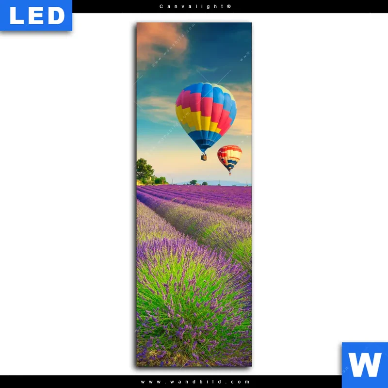 Canvalight® Leuchtbild | Heißluftballons über violetten Feldern | Schmal
