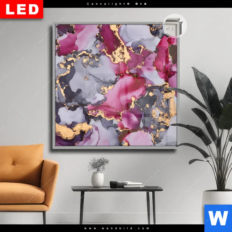 Leuchtbild Acrylglas Canvalight® DIA | Farbfluss in Purpur und Gold | Quadrat