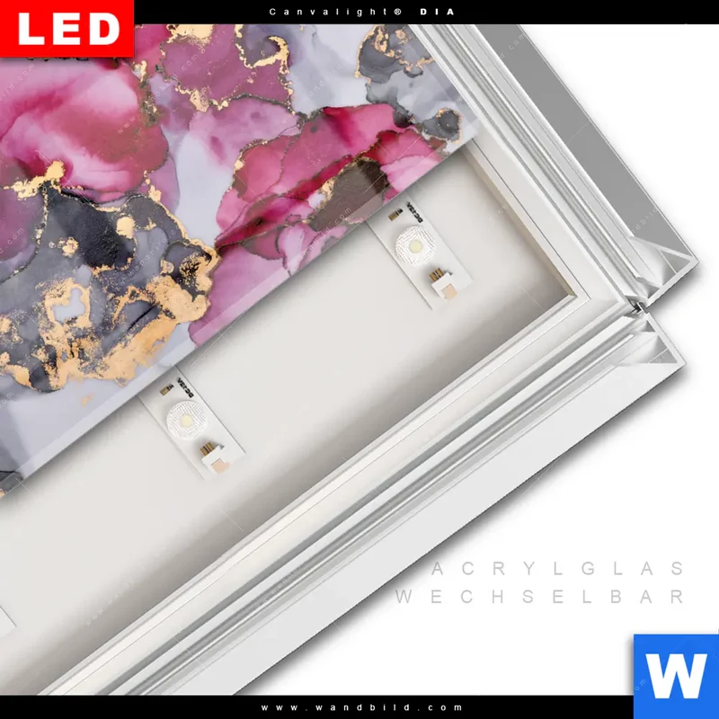 Leuchtbild Acrylglas Canvalight® DIA | Farbfluss in Purpur und Gold | Quadrat