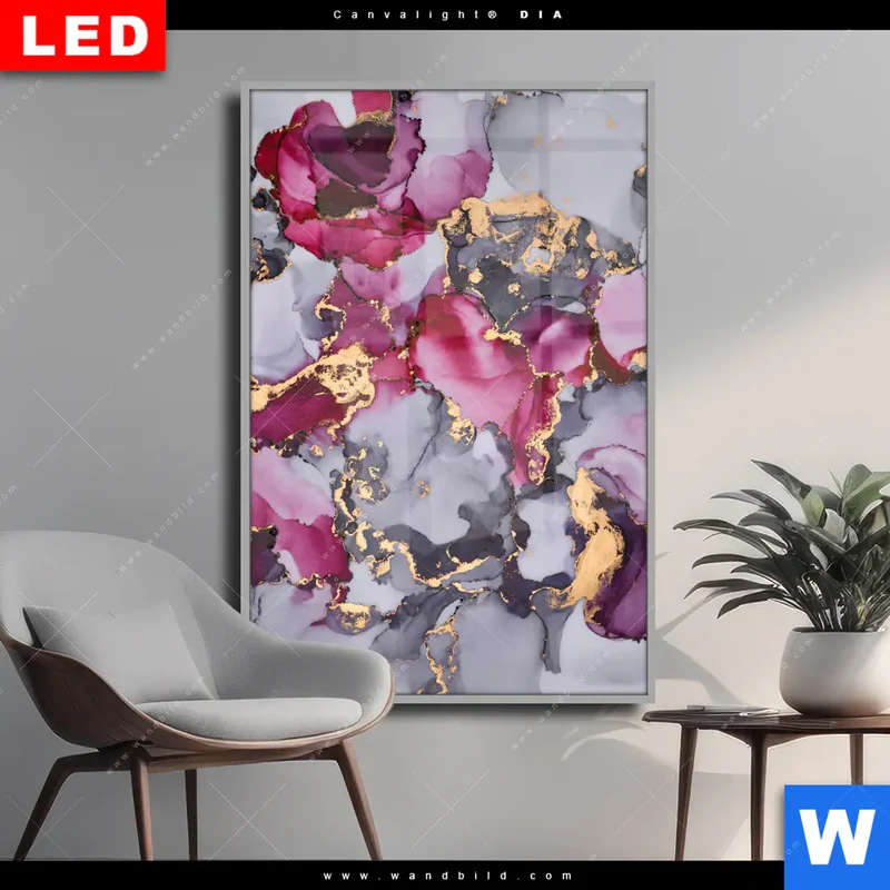 Wechselmotiv Acrylglas Canvalight® DIA | Farbfluss in Purpur und Gold | Hochformat