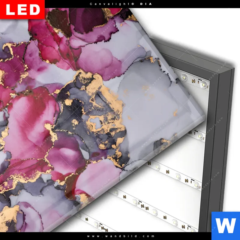 Wechselmotiv Acrylglas Canvalight® DIA | Farbfluss in Purpur und Gold | Hochformat