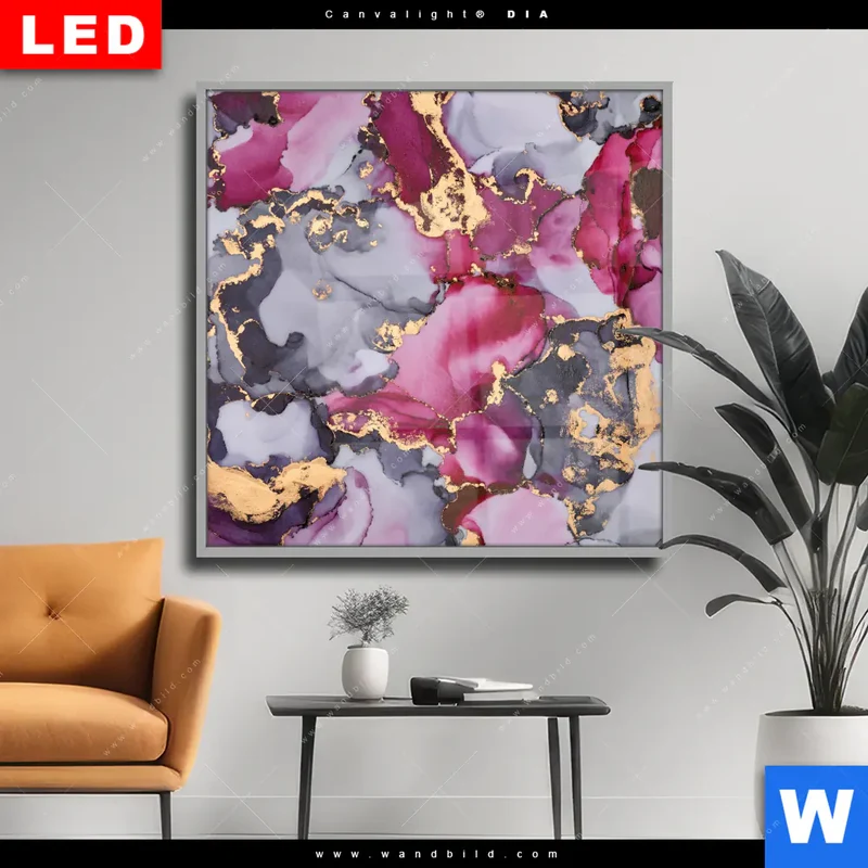 Wechselmotiv Acrylglas Canvalight® DIA | Farbfluss in Purpur und Gold | Quadrat