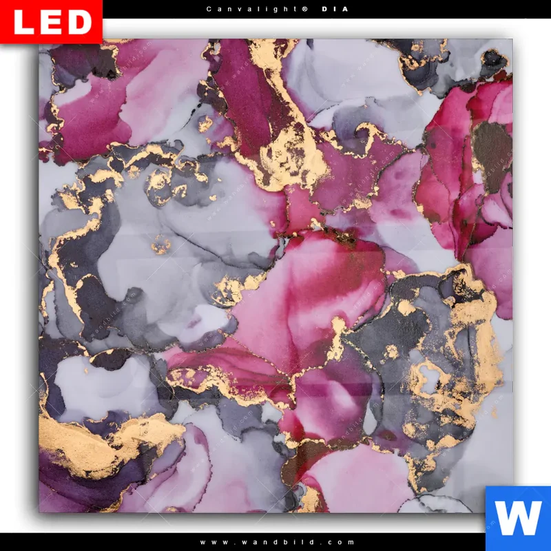 Wechselmotiv Acrylglas Canvalight® DIA | Farbfluss in Purpur und Gold | Quadrat
