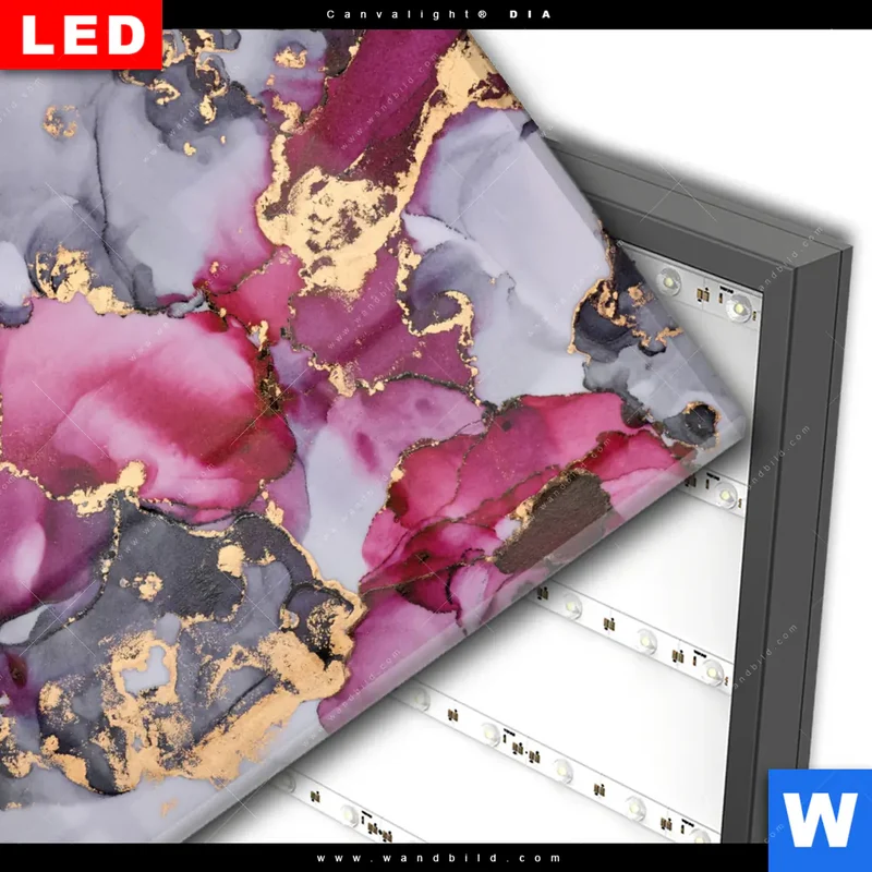 Wechselmotiv Acrylglas Canvalight® DIA | Farbfluss in Purpur und Gold | Quadrat