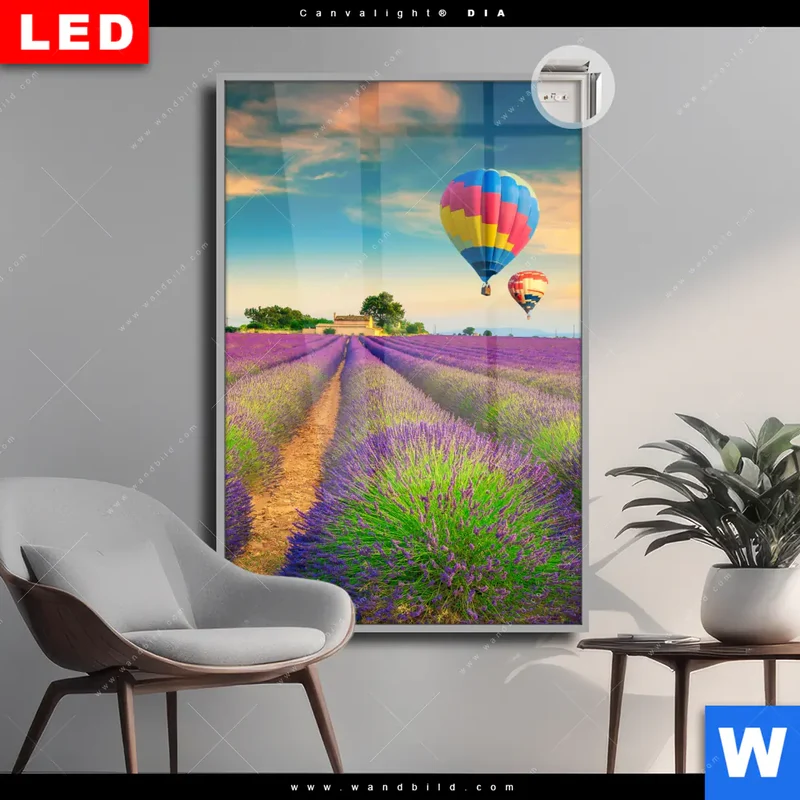 Leuchtbild Acrylglas Canvalight® DIA | Heißluftballons über violetten Feldern | Hochformat
