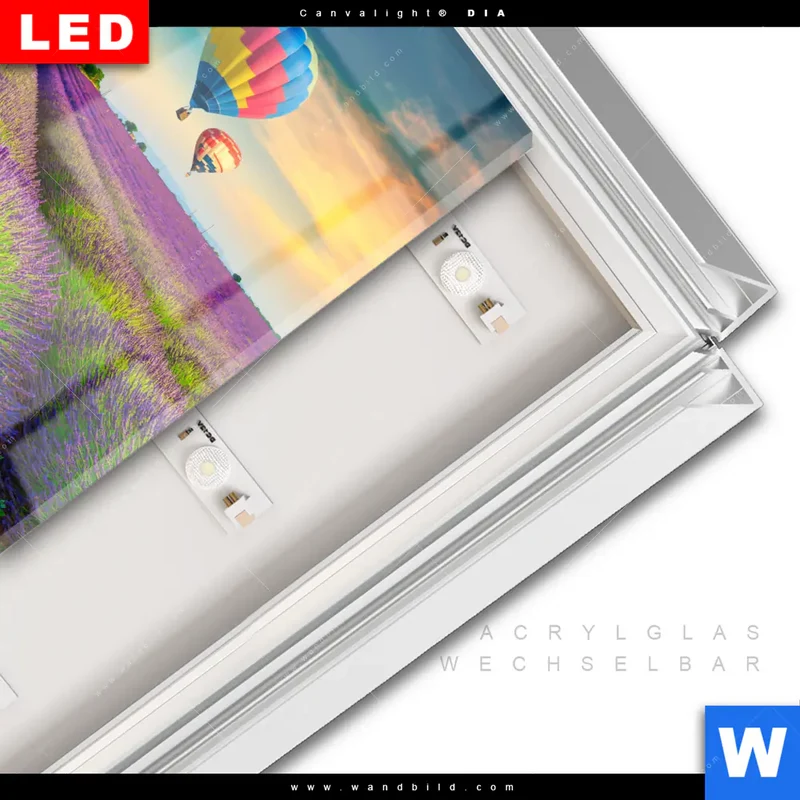 Leuchtbild Acrylglas Canvalight® DIA | Heißluftballons über violetten Feldern | Quadrat