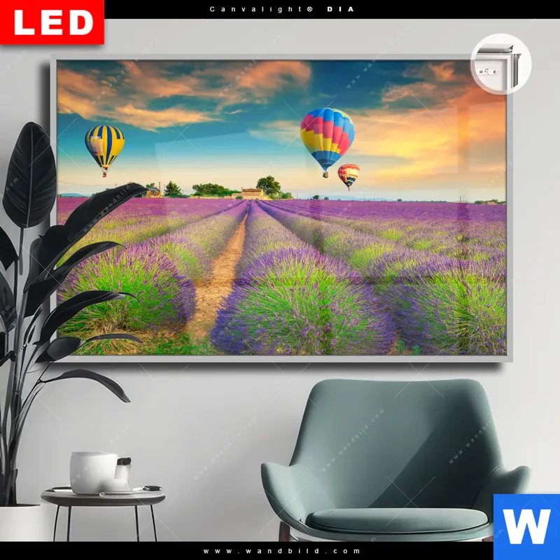 Leuchtbild Acrylglas Canvalight® DIA | Heißluftballons über violetten Feldern | Querformat