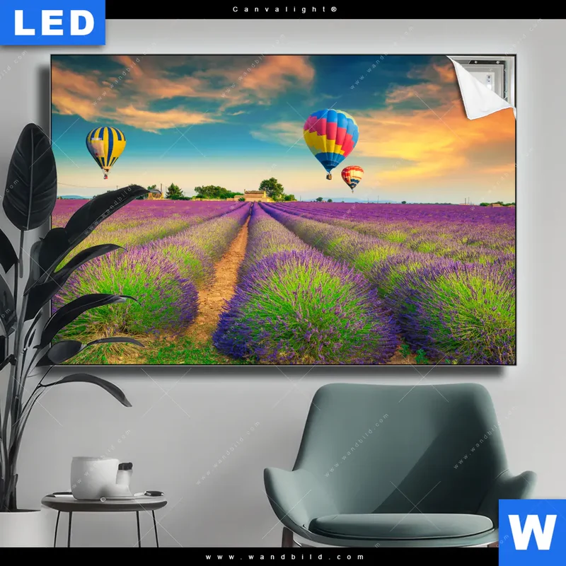 Canvalight® Leuchtbild | Heißluftballons über violetten Feldern | Querformat
