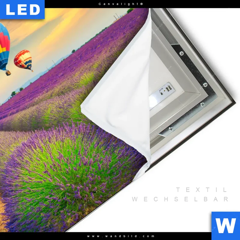 Canvalight® Leuchtbild | Heißluftballons über violetten Feldern | Querformat