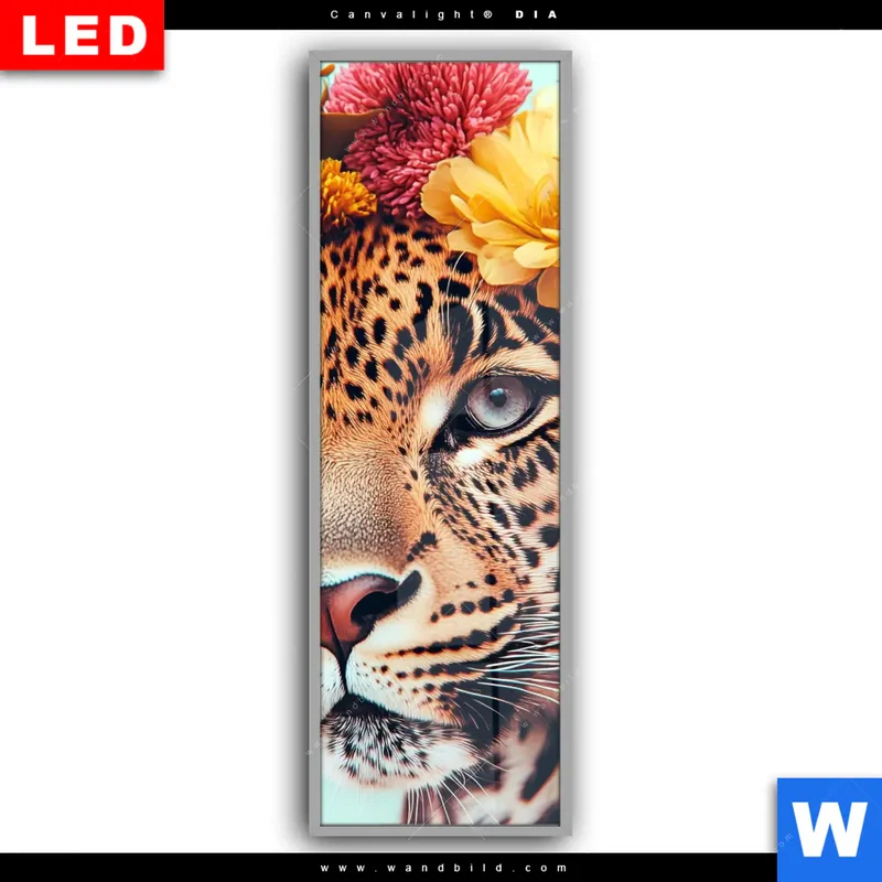 Leuchtbild Acrylglas Canvalight® DIA | Leopard mit Blütenkranz | Schmal