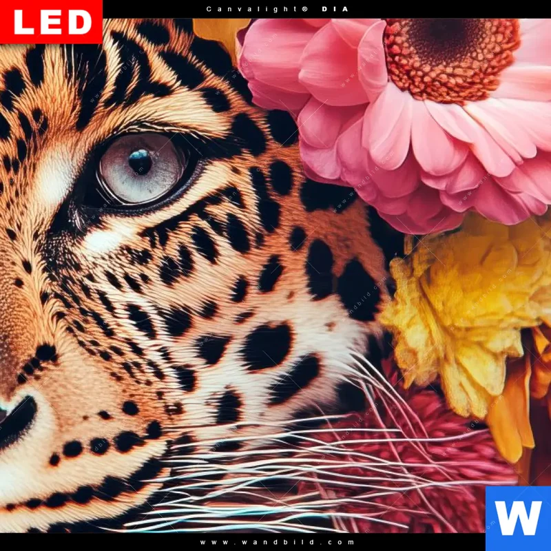 Leuchtbild Acrylglas Canvalight® DIA | Leopard mit Blütenkranz | Schmal