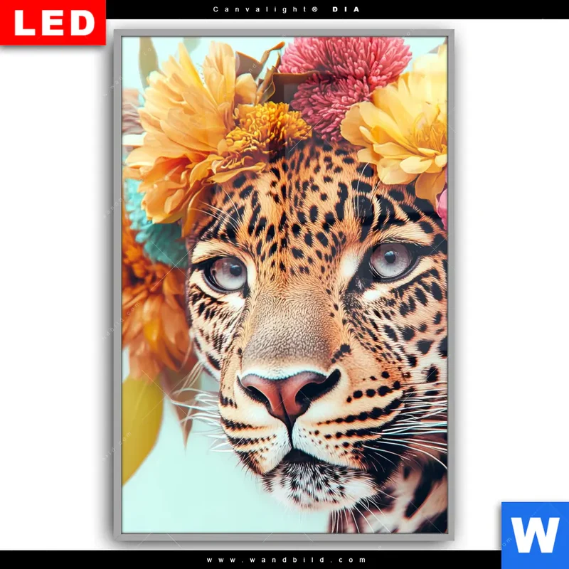 Leuchtbild Acrylglas Canvalight® DIA | Leopard mit Blütenkranz | Hochformat