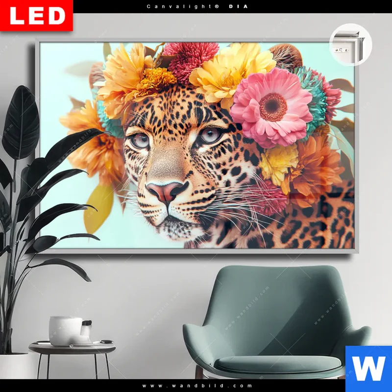 Leuchtbild Acrylglas Canvalight® DIA | Leopard mit Blütenkranz | Querformat