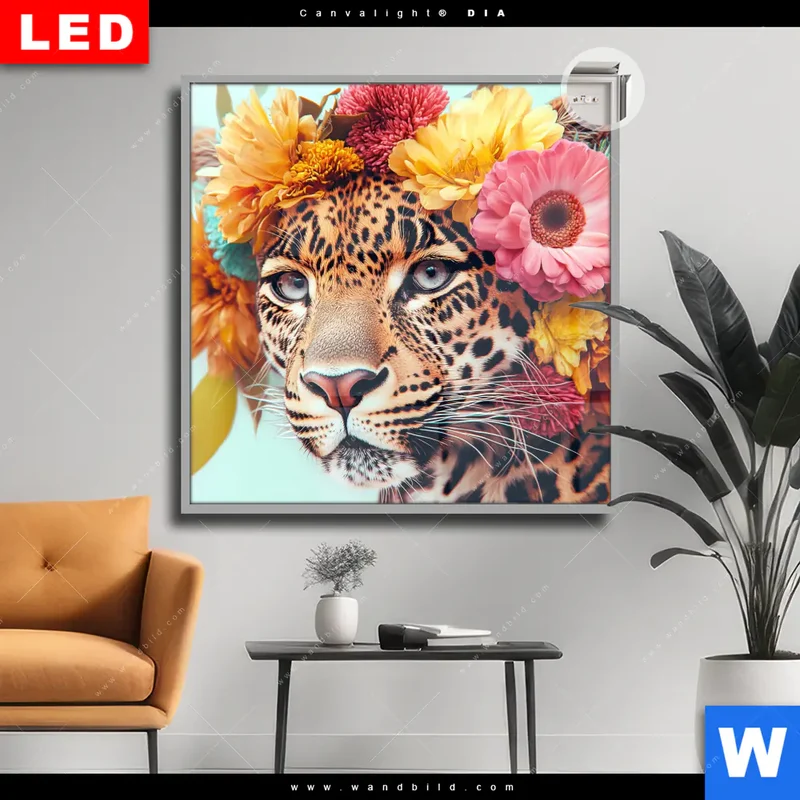 Leuchtbild Acrylglas Canvalight® DIA | Leopard mit Blütenkranz | Quadrat