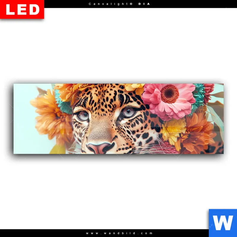 Wechselmotiv Acrylglas Canvalight® DIA | Leopard mit Blütenkranz | Panorama